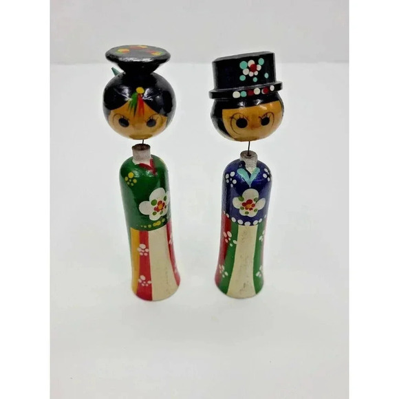 None Other - Vintage Korean Hand Painted Wooden Bobblehead Kokeshi Bride Groom Figurines